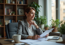 Femme d'âge moyen dans un bureau moderne en réflexion