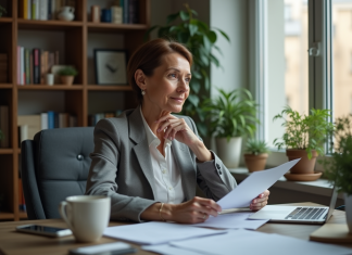 Durée maximale arrêt maladie : burn-out, que dit la loi ? Femme d'âge moyen dans un bureau moderne en réflexion