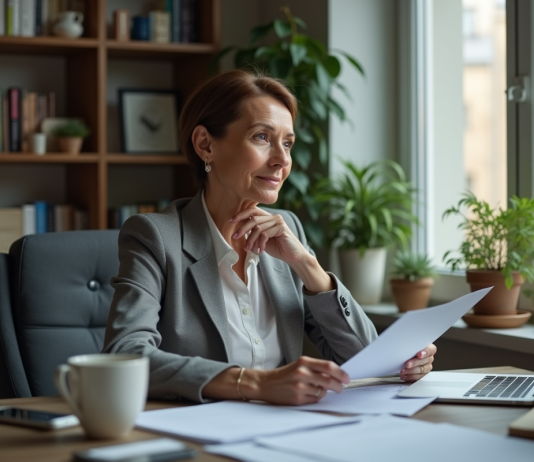 Durée maximale arrêt maladie : burn-out, que dit la loi ? Femme d'âge moyen dans un bureau moderne en réflexion