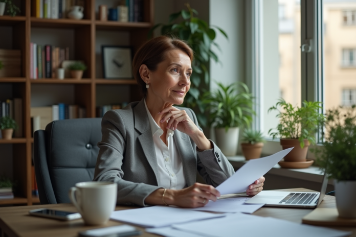 femme-bureau-reflexion Femme d'âge moyen dans un bureau moderne en réflexion