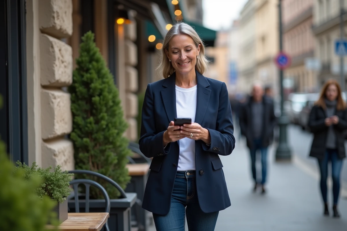 Femme souriante utilisant son smartphone dans un café urbain
