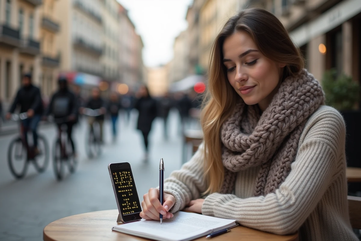 Jeune femme prenant des notes dans un café en ville