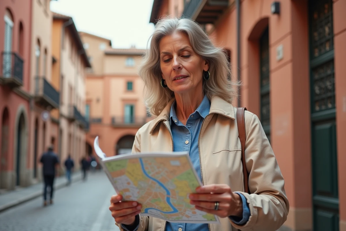 Femme consultant une carte de Toulouse en plein air devant un bâtiment en briques roses typique de la ville rose