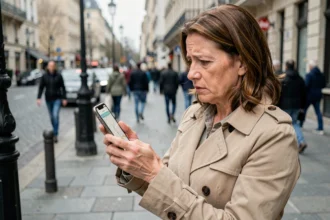 Femme cherchant des toilettes publiques ouvertes à proximité sur son smartphone en pleine rue