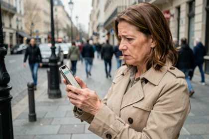 Femme cherchant des toilettes publiques ouvertes à proximité sur son smartphone en pleine rue