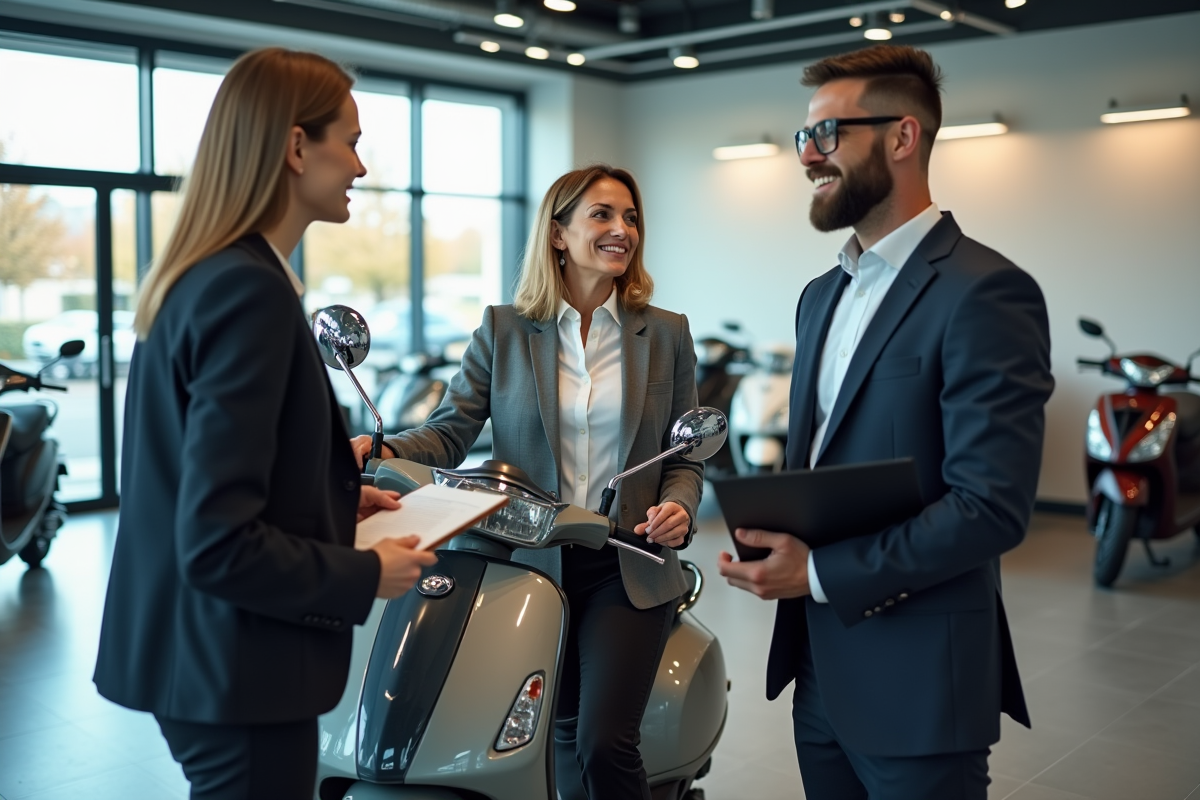 Femme d affaires discutant avec vendeur de scooter en showroom