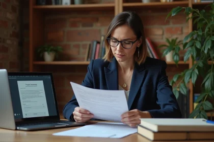 Femme lisant un document légal sur les droits d'auteur dans un bureau avec des livres juridiques et un scanner numérique