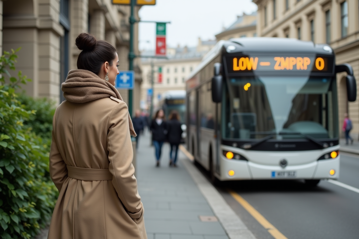 Jeune femme marchant près d’un bus écologique en ville