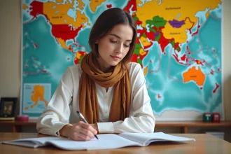 Jeune femme écrit des pays devant une carte du monde