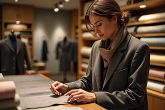 Femme élégante examinant un tissu de luxe dans une boutique