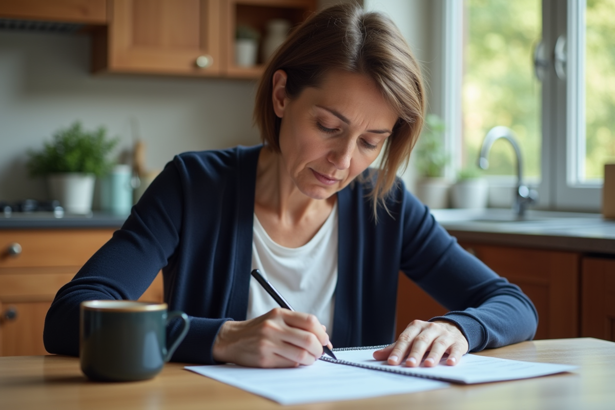 Femme d'âge moyen remplissant des formulaires dans une cuisine