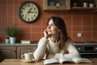 Femme contemplant une horloge murale affichant 21h21 dans une cuisine chaleureuse, symbolisant la signification des heures miroirs