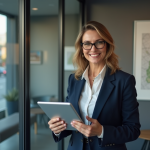 Immobilier : Tendances et perspectives du marché en France Femme professionnelle avec tablette dans un bureau moderne