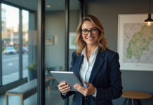 Immobilier : Tendances et perspectives du marché en France Femme professionnelle avec tablette dans un bureau moderne