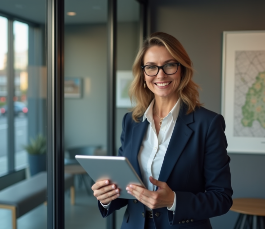 Immobilier : Tendances et perspectives du marché en France Femme professionnelle avec tablette dans un bureau moderne