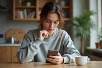 Jeune femme cherchant la solution d'un jeu 4 Images 1 Mot 5 lettres sur son smartphone