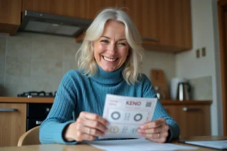 Femme souriante examine un ticket de Keno à la maison