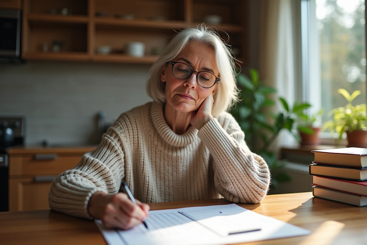 Femme réfléchie jouant au hangman dans la cuisine