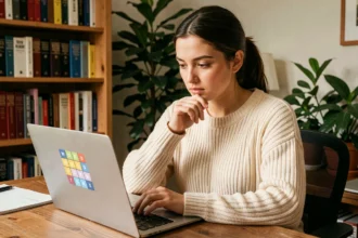 Jeune femme concentrée résolvant un puzzle Wordle sur son ordinateur portable dans un bureau chaleureux à la maison