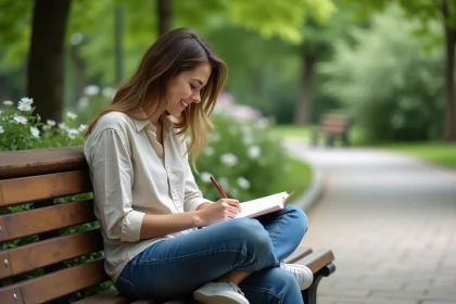 Femme assise dans un parc écrivant dans un journal
