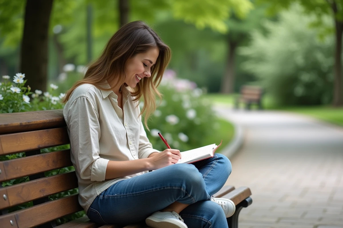Femme assise dans un parc écrivant dans un journal