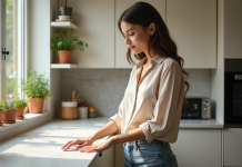 Jeune femme touchant un plan de travail Dekton moderne
