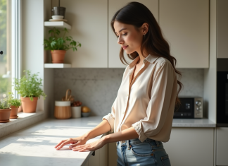 Découvrir la composition de Dekton : une révolution dans le monde des surfaces Jeune femme touchant un plan de travail Dekton moderne