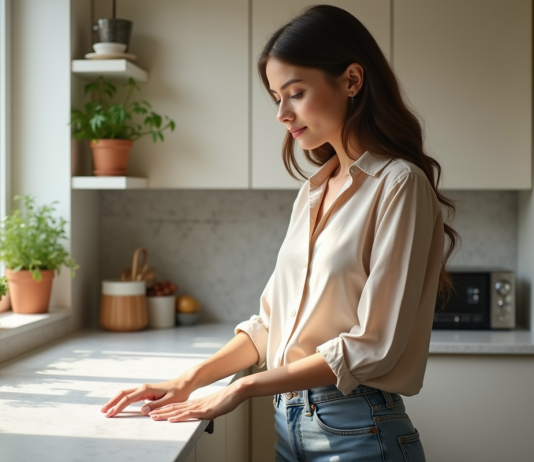 Découvrir la composition de Dekton : une révolution dans le monde des surfaces Jeune femme touchant un plan de travail Dekton moderne