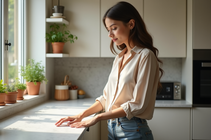 Jeune femme touchant un plan de travail Dekton moderne