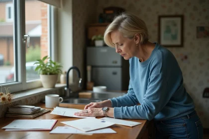 Femme d'âge moyen vérifiant des lettres avec timbres colorés dans une cuisine chaleureuse