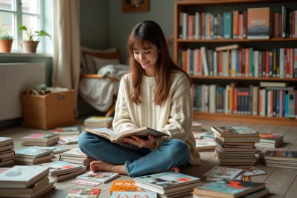 Jeune femme lisant un manga yaoi entourée d'une collection de volumes empilés sur le sol de sa chambre
