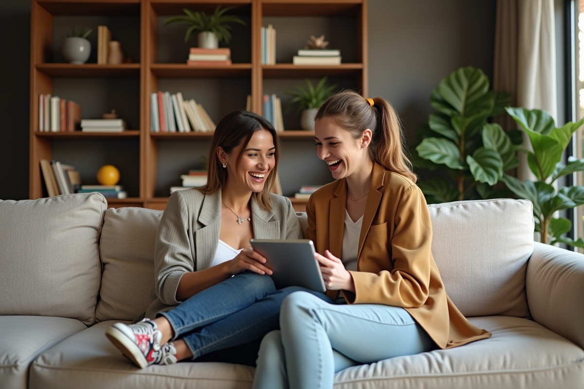 Mère et fille assises dans un salon décoré avec style