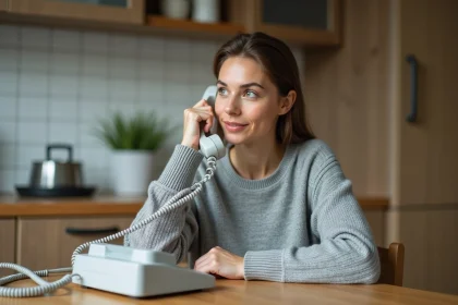 Femme parlant sur un téléphone fixe pour laisser un message sur la messagerie Free