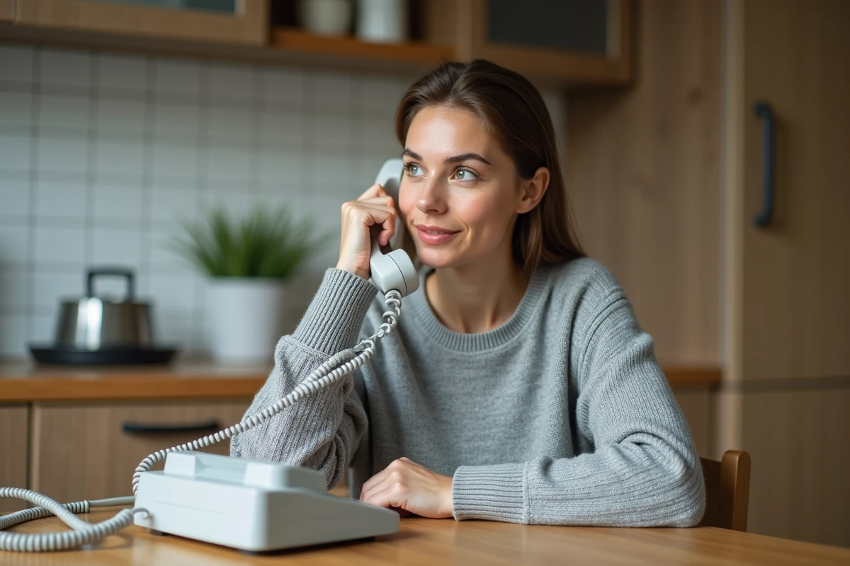 Femme parlant sur un téléphone fixe pour laisser un message sur la messagerie Free