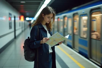 Jeune femme étudie une carte du métro de Toulouse