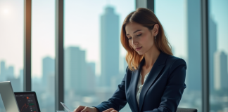 Pays mode : quel pays domine l’industrie mondiale ? Femme professionnelle en costume bleu dans un bureau moderne