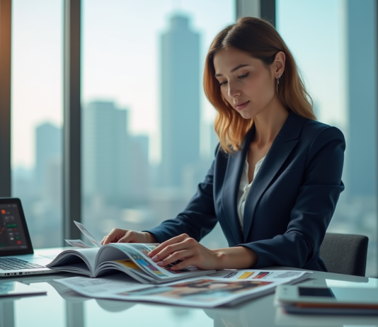 Pays mode : quel pays domine l’industrie mondiale ? Femme professionnelle en costume bleu dans un bureau moderne
