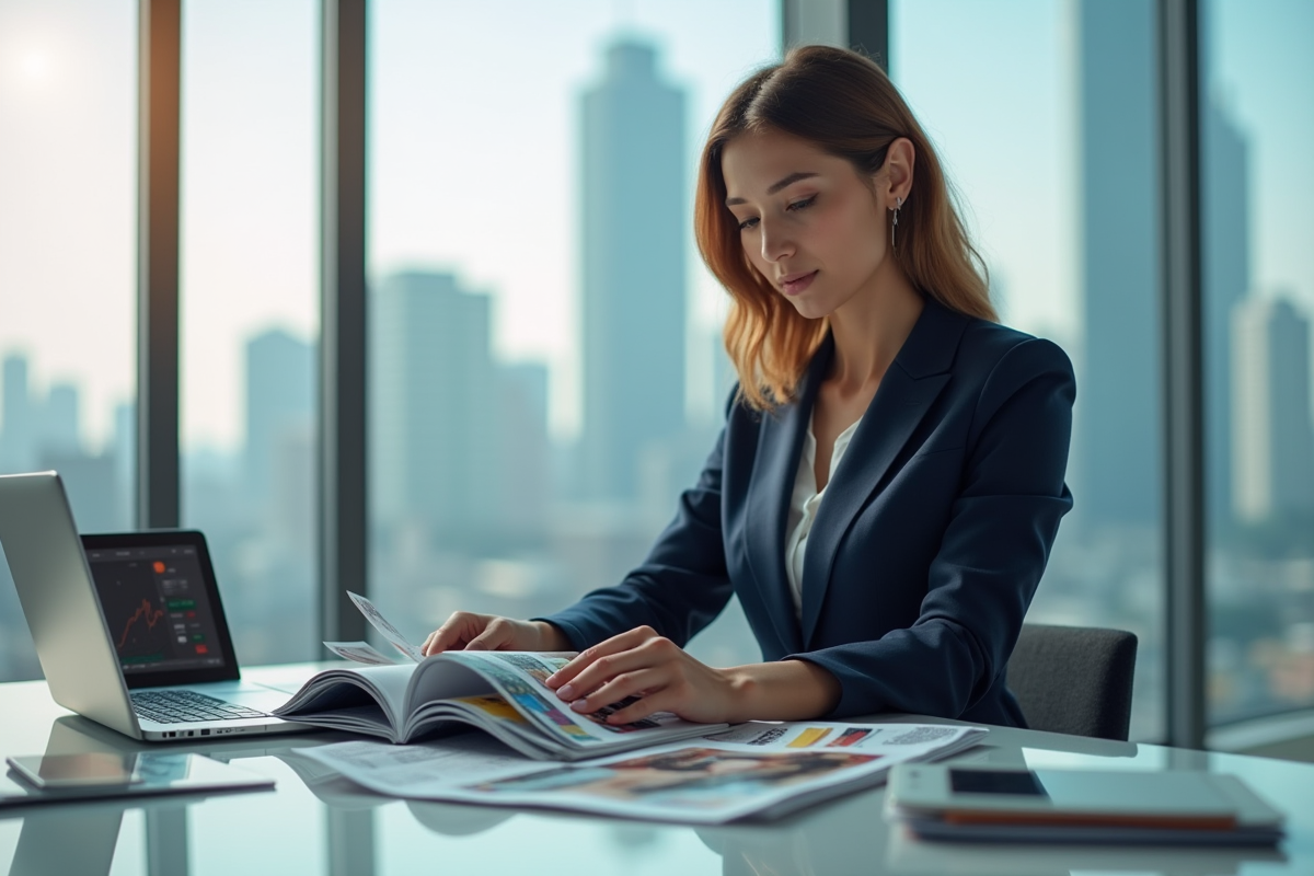Femme professionnelle en costume bleu dans un bureau moderne