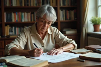 Femme concentrée résolvant des mots croisés avec un dictionnaire et des grilles annotées sur un bureau en bois