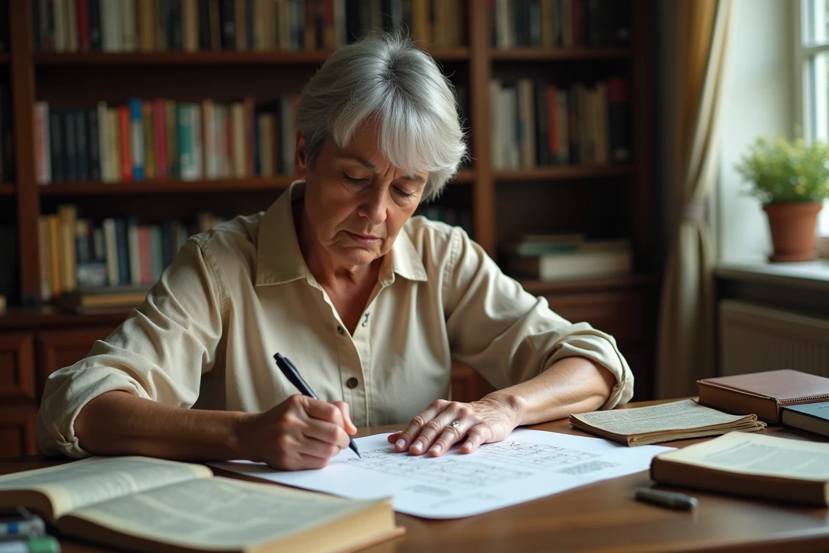 Femme concentrée résolvant des mots croisés avec un dictionnaire et des grilles annotées sur un bureau en bois