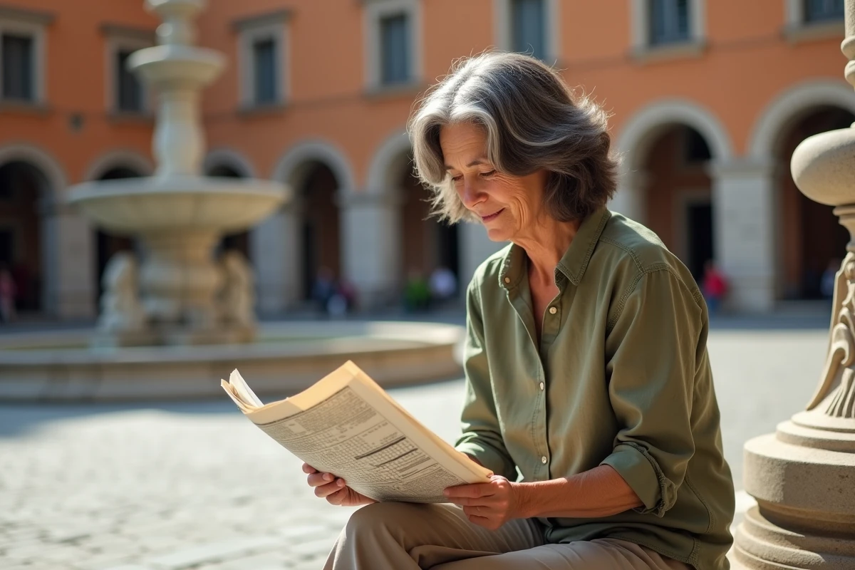 Femme italienne concentrée sur une grille de mots croisés assise sur un banc de pierre dans une piazza ensoleillée