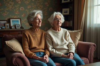 Femme d'âge moyen et sa mère assises sur un canapé en tissu