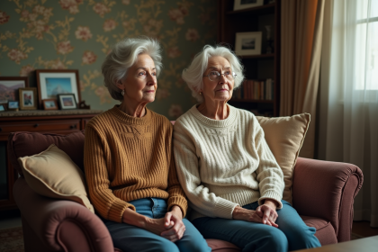 Femme d'âge moyen et sa mère assises sur un canapé en tissu