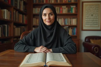Femme musulmane en hijab lisant le Quran dans un intérieur chaleureux