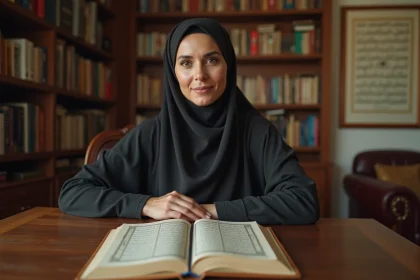Femme musulmane en hijab lisant le Quran dans un intérieur chaleureux