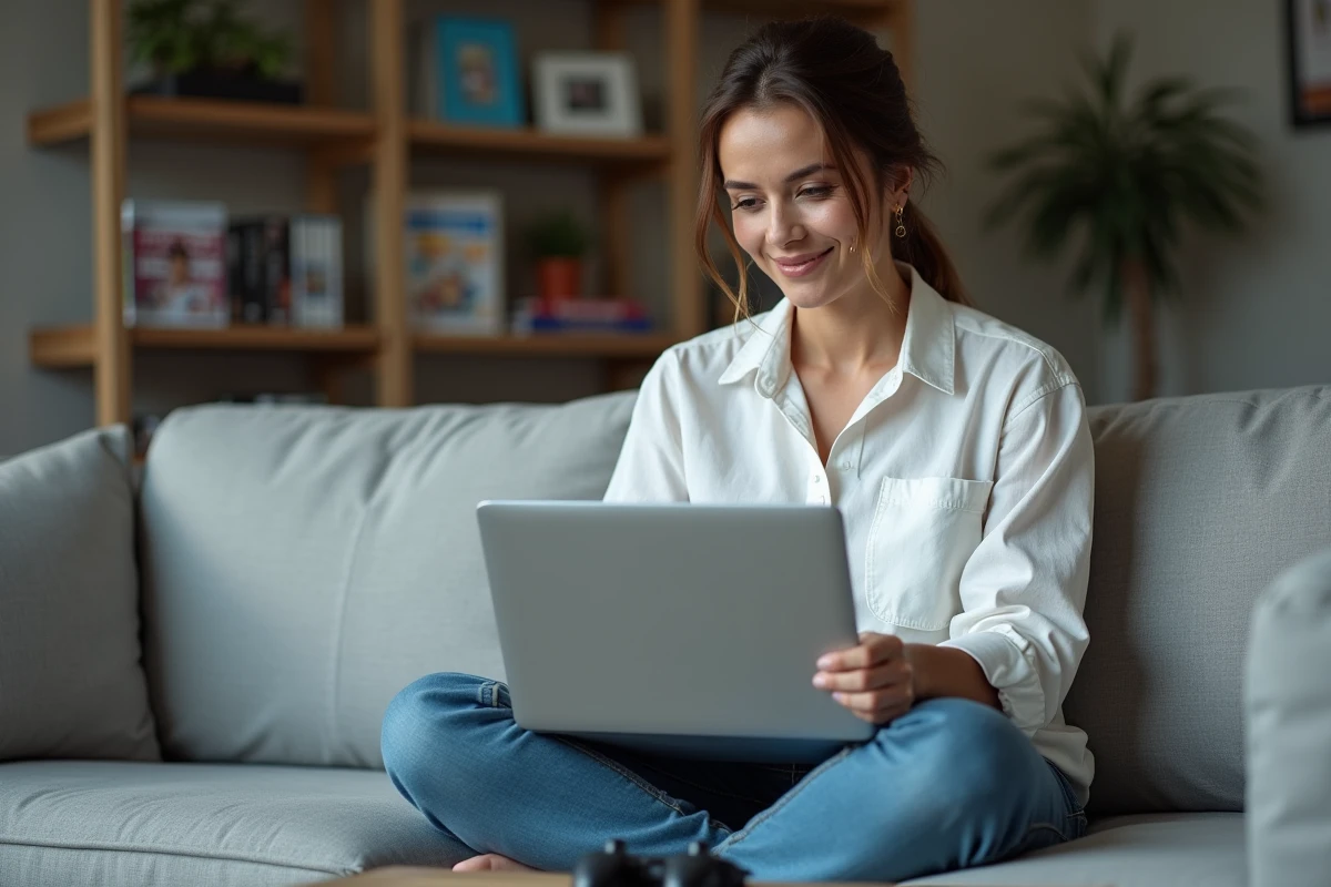 Femme parcourant un site d'archive de jeux vidéo sur son ordinateur portable dans un salon moderne
