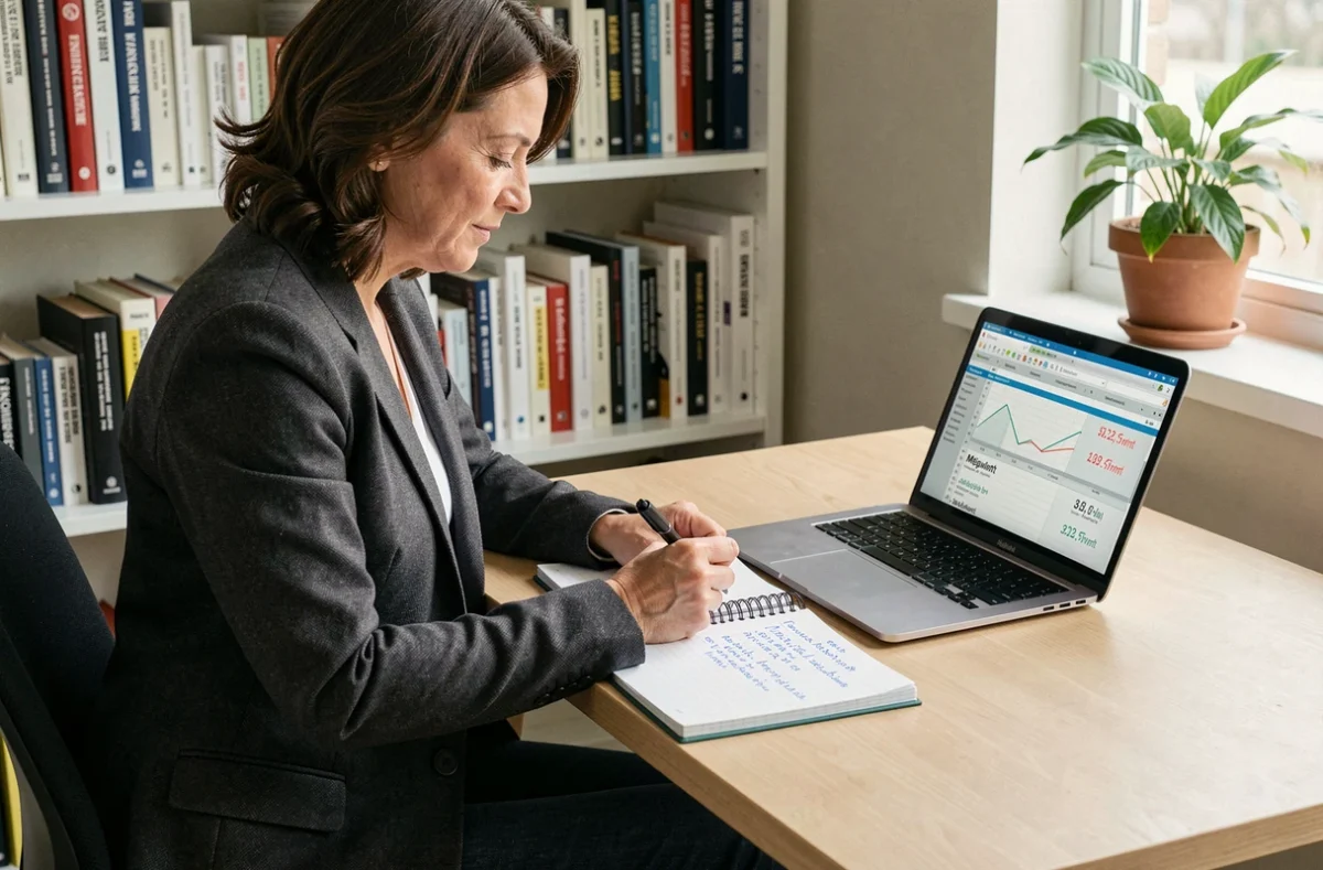 Femme prenant des notes sur la conversion de mégawatts en kilowatts dans un bureau à domicile avec un ordinateur portable ouvert
