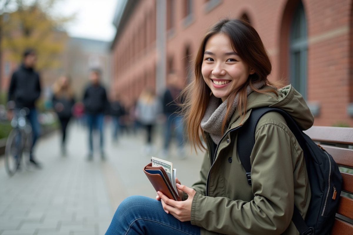Jeune femme souriante organisant un portefeuille dans une cour universitaire