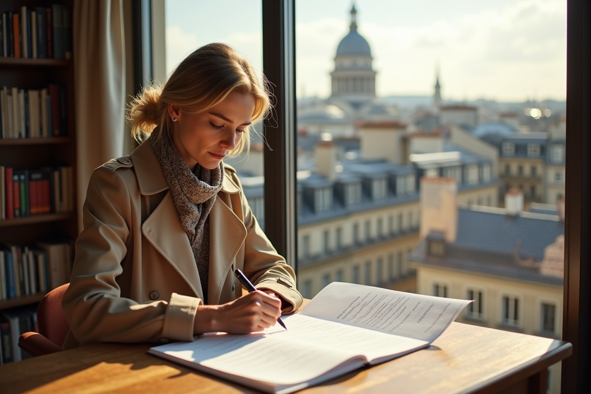 Femme parisienne examinant des documents dans un appartement