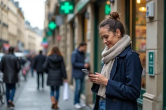 Femme en trench et jeans devant pharmacie à Bordeaux